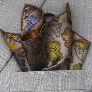 Gascoigne Pocket Square Autumn Leaves Pattern Brown Blue Gold Men's